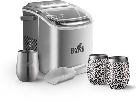 Bardi Deluxe IJsblokjesmachine Set 1,2 Liter RVS - 12KG IJsblokjes in 24 uur - met IJsschep - Inclusief 3 Luxe Thermosbekers en Ijsschep - Leo van Bardi