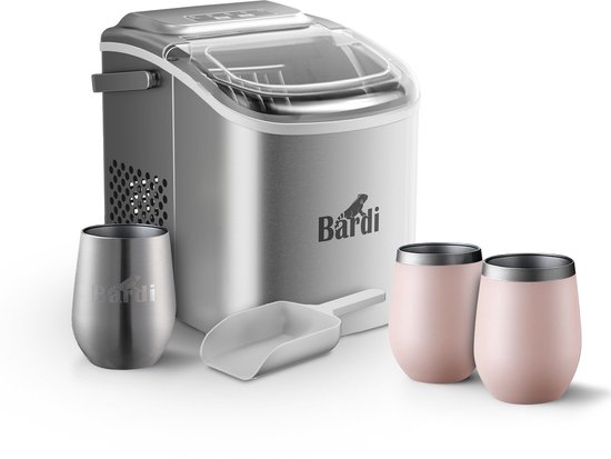 Bardi Deluxe IJsblokjesmachine Set 1,2 Liter RVS - 12KG IJsblokjes in 24 uur - met IJsschep - Inclusief 3 Luxe Thermosbekers en Ijsschep - Roze van Bardi