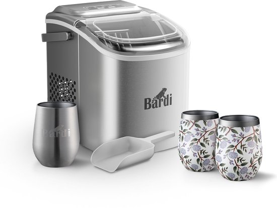Bardi Deluxe IJsblokjesmachine Set 1,2 Liter RVS - 12KG IJsblokjes in 24 uur - met IJsschep - Inclusief 3 Luxe Thermosbekers en Ijsschep - White Flower van Bardi