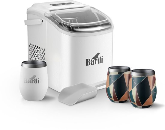 Bardi Deluxe IJsblokjesmachine Set 1,2 Liter Wit - 12KG IJsblokjes in 24 uur - met IJsschep - Inclusief 3 Luxe Thermosbekers en Ijsschep - Abstract Colours van Bardi