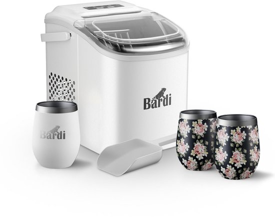 Bardi Deluxe IJsblokjesmachine Set 1,2 Liter Wit - 12KG IJsblokjes in 24 uur - met IJsschep - Inclusief 3 Luxe Thermosbekers en Ijsschep - Bloemetjes van Bardi