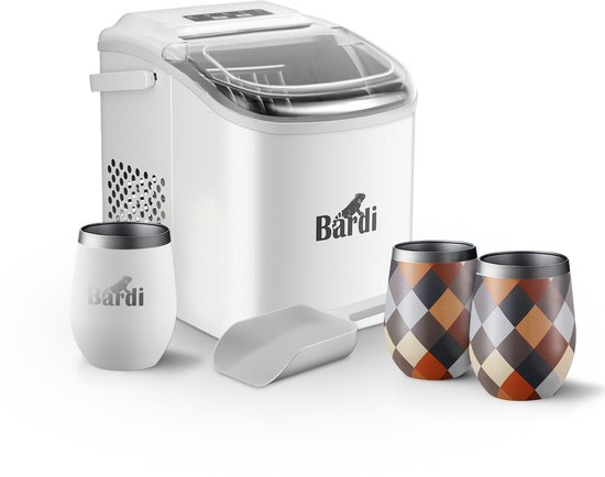 Bardi Deluxe IJsblokjesmachine Set 1,2 Liter Wit - 12KG IJsblokjes in 24 uur - met IJsschep - Inclusief 3 Luxe Thermosbekers en Ijsschep - Blok van Bardi