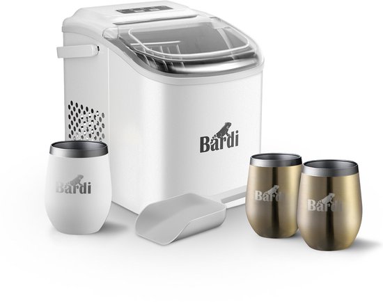 Bardi Deluxe IJsblokjesmachine Set 1,2 Liter Wit - 12KG IJsblokjes in 24 uur - met IJsschep - Inclusief 3 Luxe Thermosbekers en Ijsschep - Goud van Bardi