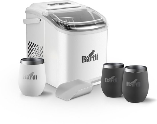 Bardi Deluxe IJsblokjesmachine Set 1,2 Liter Wit - 12KG IJsblokjes in 24 uur - met IJsschep - Inclusief 3 Luxe Thermosbekers en Ijsschep - Grijs van Bardi