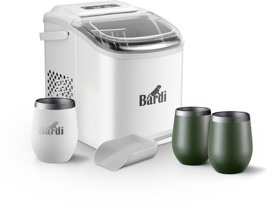 Bardi Deluxe IJsblokjesmachine Set 1,2 Liter Wit - 12KG IJsblokjes in 24 uur - met IJsschep - Inclusief 3 Luxe Thermosbekers en Ijsschep - Groen van Bardi