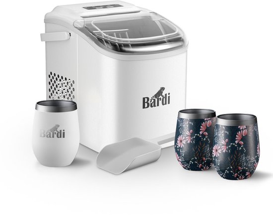 Bardi Deluxe IJsblokjesmachine Set 1,2 Liter Wit - 12KG IJsblokjes in 24 uur - met IJsschep - Inclusief 3 Luxe Thermosbekers en Ijsschep - Japanese Flower van Bardi