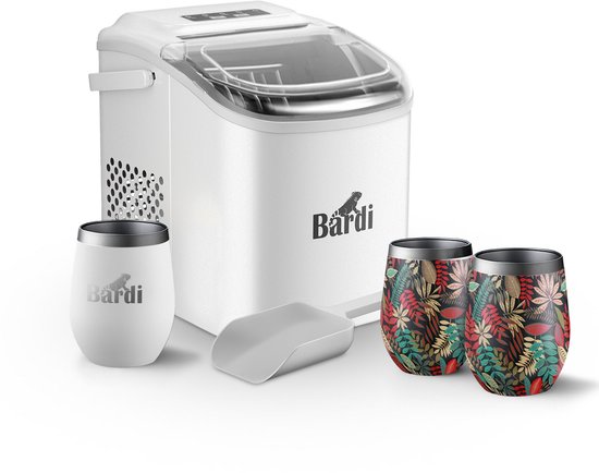 Bardi Deluxe IJsblokjesmachine Set 1,2 Liter Wit - 12KG IJsblokjes in 24 uur - met IJsschep - Inclusief 3 Luxe Thermosbekers en Ijsschep - Jungle van Bardi