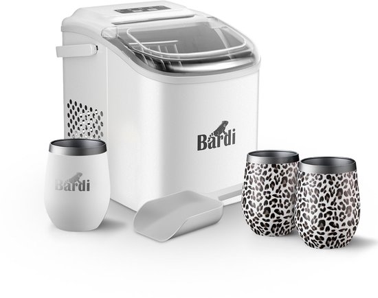 Bardi Deluxe IJsblokjesmachine Set 1,2 Liter Wit - 12KG IJsblokjes in 24 uur - met IJsschep - Inclusief 3 Luxe Thermosbekers en Ijsschep - Leo van Bardi