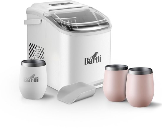 Bardi Deluxe IJsblokjesmachine Set 1,2 Liter Wit - 12KG IJsblokjes in 24 uur - met IJsschep - Inclusief 3 Luxe Thermosbekers en Ijsschep - Roze van Bardi