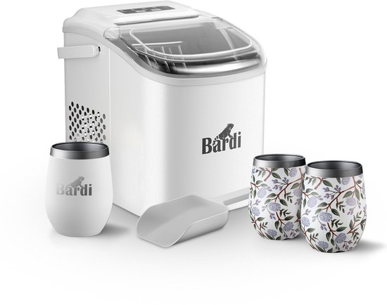 Bardi Deluxe IJsblokjesmachine Set 1,2 Liter Wit - 12KG IJsblokjes in 24 uur - met IJsschep - Inclusief 3 Luxe Thermosbekers en Ijsschep - White Flower van Bardi