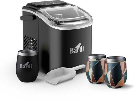 Bardi Deluxe IJsblokjesmachine Set 1,2 Liter Zwart - 12KG IJsblokjes in 24 uur - met IJsschep - Inclusief 3 Luxe Thermosbekers en Ijsschep - Abstract Colours van Bardi
