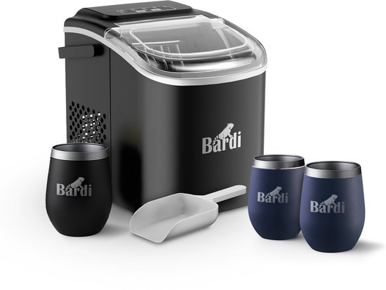 Bardi Deluxe IJsblokjesmachine Set 1,2 Liter Zwart - 12KG IJsblokjes in 24 uur - met IJsschep - Inclusief 3 Luxe Thermosbekers en Ijsschep - Blauw van Bardi