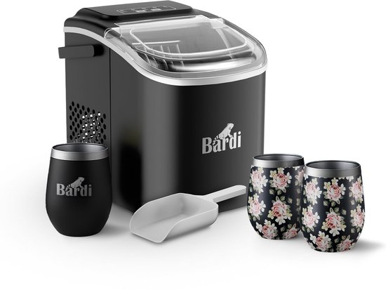 Bardi Deluxe IJsblokjesmachine Set 1,2 Liter Zwart - 12KG IJsblokjes in 24 uur - met IJsschep - Inclusief 3 Luxe Thermosbekers en Ijsschep - Bloemetjes van Bardi