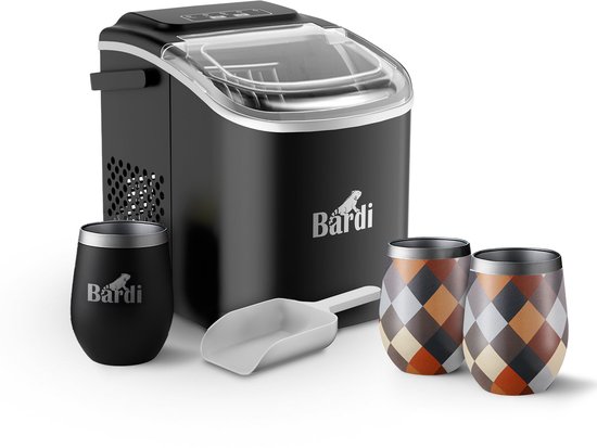 Bardi Deluxe IJsblokjesmachine Set 1,2 Liter Zwart - 12KG IJsblokjes in 24 uur - met IJsschep - Inclusief 3 Luxe Thermosbekers en Ijsschep - Blok van Bardi