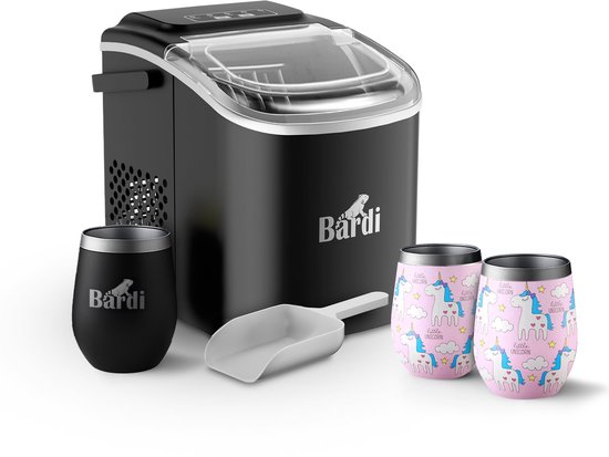 Bardi Deluxe IJsblokjesmachine Set 1,2 Liter Zwart - 12KG IJsblokjes in 24 uur - met IJsschep - Inclusief 3 Luxe Thermosbekers en Ijsschep - Eenhoorn van Bardi