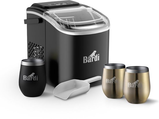 Bardi Deluxe IJsblokjesmachine Set 1,2 Liter Zwart - 12KG IJsblokjes in 24 uur - met IJsschep - Inclusief 3 Luxe Thermosbekers en Ijsschep - Goud van Bardi