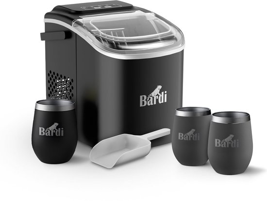 Bardi Deluxe IJsblokjesmachine Set 1,2 Liter Zwart - 12KG IJsblokjes in 24 uur - met IJsschep - Inclusief 3 Luxe Thermosbekers en Ijsschep - Grijs van Bardi