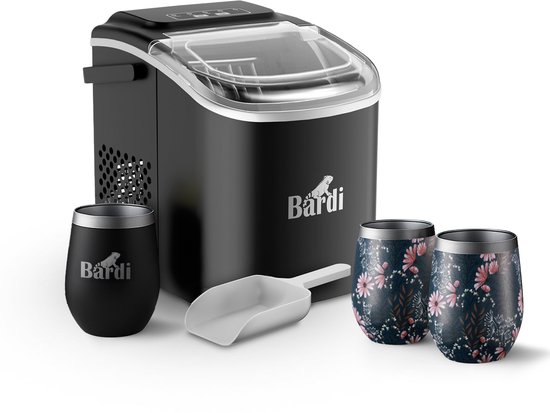 Bardi Deluxe IJsblokjesmachine Set 1,2 Liter Zwart - 12KG IJsblokjes in 24 uur - met IJsschep - Inclusief 3 Luxe Thermosbekers en Ijsschep - Japanese Flower van Bardi