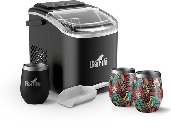 Bardi Deluxe IJsblokjesmachine Set 1,2 Liter Zwart - 12KG IJsblokjes in 24 uur - met IJsschep - Inclusief 3 Luxe Thermosbekers en Ijsschep - Jungle van Bardi
