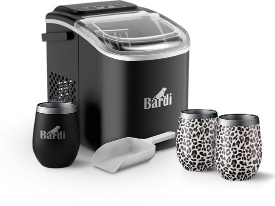 Bardi Deluxe IJsblokjesmachine Set 1,2 Liter Zwart - 12KG IJsblokjes in 24 uur - met IJsschep - Inclusief 3 Luxe Thermosbekers en Ijsschep - Leo van Bardi