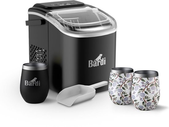 Bardi Deluxe IJsblokjesmachine Set 1,2 Liter Zwart - 12KG IJsblokjes in 24 uur - met IJsschep - Inclusief 3 Luxe Thermosbekers en Ijsschep - White Flower van Bardi