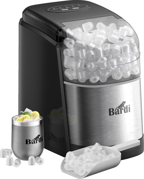 Bardi IJsblokjesmachine - 1.6L - Zelfreinigingsfunctie - IJsblokmaker met IJsschep -met IJsschep - Inclusief Luxe Thermosbeker en Ijsschep- RVS van Bardi