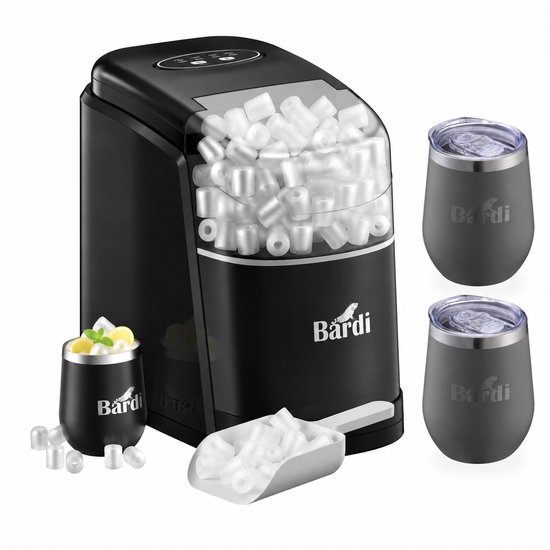 Bardi IJsblokjesmachine Set - 1.6L Zwart - Zelfreinigingsfunctie - IJsblokmaker met IJsschep -met IJsschep - Inclusief Luxe 3 Thermosbekers en Ijsschep- Grijs