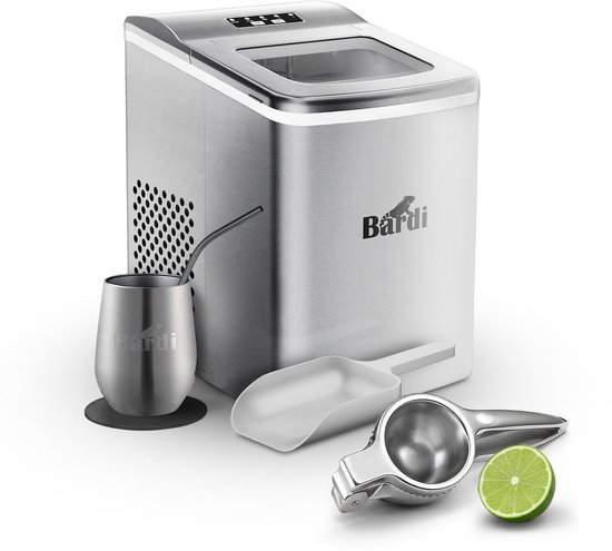 Bardi IJsblokjesmachine Set - 2 Liter - 12KG IJsblokjes in 24 uur - met IJsschep - Inclusief 1 Luxe Thermosbeker - RVS - Citruspers RVS