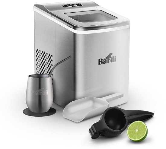 Bardi IJsblokjesmachine Set - 2 Liter - 12KG IJsblokjes in 24 uur - met IJsschep - Inclusief 1 Luxe Thermosbeker - RVS - Citruspers Zwart