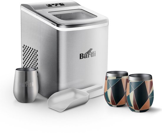 Bardi IJsblokjesmachine Set - 2 Liter RVS - 12KG IJsblokjes in 24 uur - met IJsschep - Inclusief 3 Luxe Thermosbekers en Ijsschep - Abstract Colours van Bardi