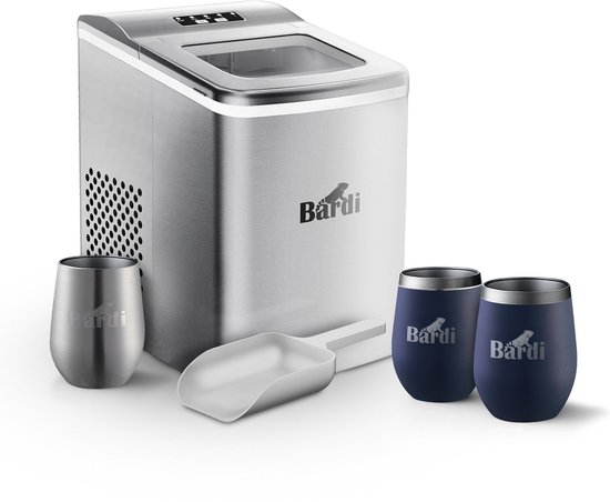 Bardi IJsblokjesmachine Set - 2 Liter RVS - 12KG IJsblokjes in 24 uur - met IJsschep - Inclusief 3 Luxe Thermosbekers en Ijsschep - Blauw van Bardi