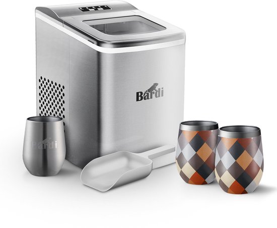 Bardi IJsblokjesmachine Set - 2 Liter RVS - 12KG IJsblokjes in 24 uur - met IJsschep - Inclusief 3 Luxe Thermosbekers en Ijsschep - Blok van Bardi