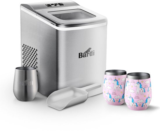 Bardi IJsblokjesmachine Set - 2 Liter RVS - 12KG IJsblokjes in 24 uur - met IJsschep - Inclusief 3 Luxe Thermosbekers en Ijsschep - Eenhoorn van Bardi
