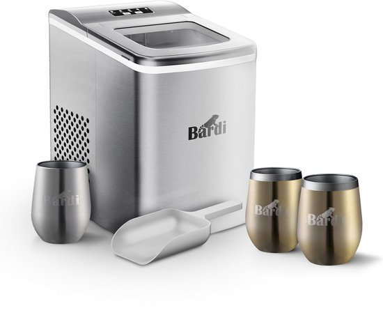Bardi IJsblokjesmachine Set - 2 Liter RVS - 12KG IJsblokjes in 24 uur - met IJsschep - Inclusief 3 Luxe Thermosbekers en Ijsschep - Goud van Bardi