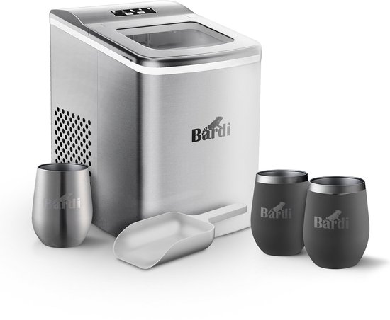 Bardi IJsblokjesmachine Set - 2 Liter RVS - 12KG IJsblokjes in 24 uur - met IJsschep - Inclusief 3 Luxe Thermosbekers en Ijsschep - Grijs van Bardi