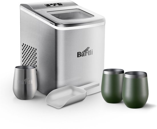 Bardi IJsblokjesmachine Set - 2 Liter RVS - 12KG IJsblokjes in 24 uur - met IJsschep - Inclusief 3 Luxe Thermosbekers en Ijsschep - Groen van Bardi