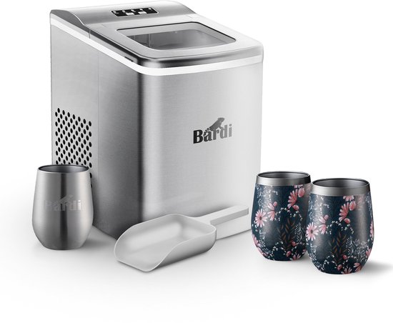 Bardi IJsblokjesmachine Set - 2 Liter RVS - 12KG IJsblokjes in 24 uur - met IJsschep - Inclusief 3 Luxe Thermosbekers en Ijsschep - Japanese Flower van Bardi