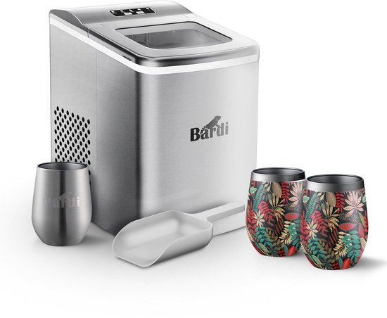 Bardi IJsblokjesmachine Set - 2 Liter RVS - 12KG IJsblokjes in 24 uur - met IJsschep - Inclusief 3 Luxe Thermosbekers en Ijsschep - Jungle van Bardi