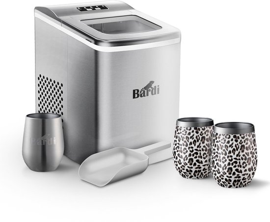 Bardi IJsblokjesmachine Set - 2 Liter RVS - 12KG IJsblokjes in 24 uur - met IJsschep - Inclusief 3 Luxe Thermosbekers en Ijsschep - Leo van Bardi