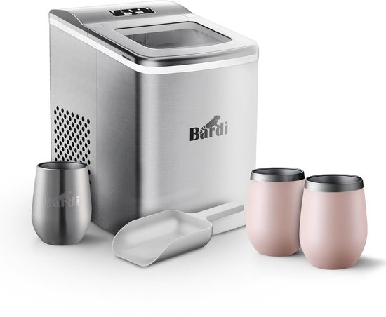 Bardi IJsblokjesmachine Set - 2 Liter RVS - 12KG IJsblokjes in 24 uur - met IJsschep - Inclusief 3 Luxe Thermosbekers en Ijsschep - Roze van Bardi