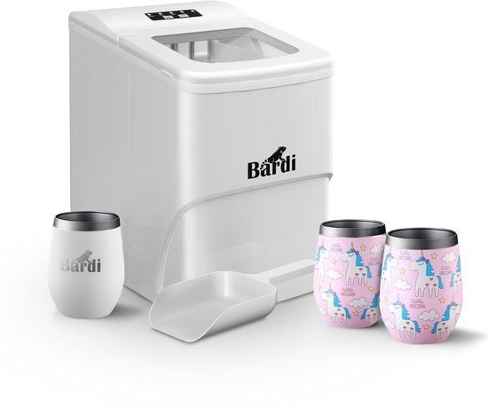 Bardi IJsblokjesmachine Set - 2 Liter Wit - 12KG IJsblokjes in 24 uur - met IJsschep - Inclusief 3 Luxe Thermosbekers en Ijsschep - Eenhoorn van Bardi