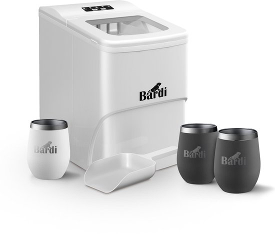 Bardi IJsblokjesmachine Set - 2 Liter Wit - 12KG IJsblokjes in 24 uur - met IJsschep - Inclusief 3 Luxe Thermosbekers en Ijsschep - Grijs van Bardi