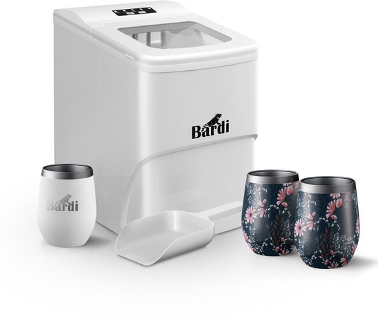 Bardi IJsblokjesmachine Set - 2 Liter Wit - 12KG IJsblokjes in 24 uur - met IJsschep - Inclusief 3 Luxe Thermosbekers en Ijsschep - Japanese Flower van Bardi