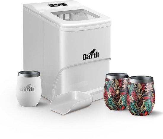 Bardi IJsblokjesmachine Set - 2 Liter Wit - 12KG IJsblokjes in 24 uur - met IJsschep - Inclusief 3 Luxe Thermosbekers en Ijsschep - Jungle van Bardi