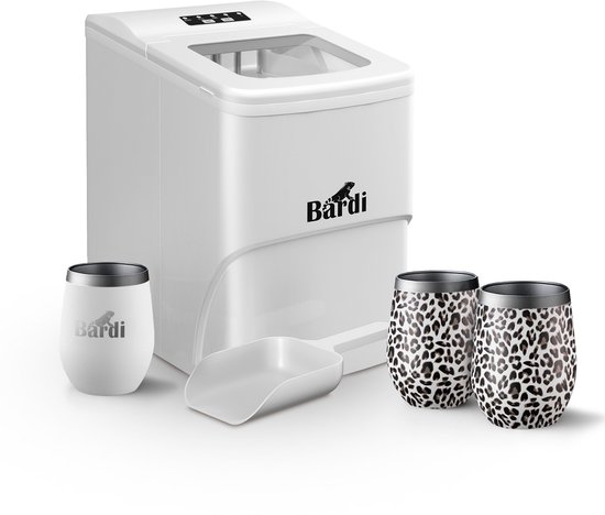 Bardi IJsblokjesmachine Set - 2 Liter Wit - 12KG IJsblokjes in 24 uur - met IJsschep - Inclusief 3 Luxe Thermosbekers en Ijsschep - Leo van Bardi