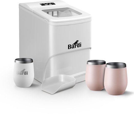 Bardi IJsblokjesmachine Set - 2 Liter Wit - 12KG IJsblokjes in 24 uur - met IJsschep - Inclusief 3 Luxe Thermosbekers en Ijsschep - Roze van Bardi