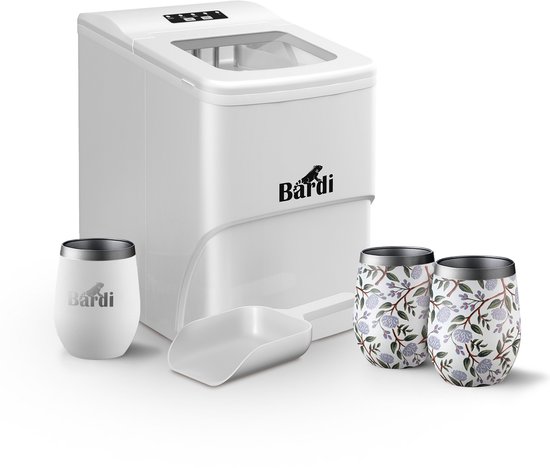 Bardi IJsblokjesmachine Set - 2 Liter Wit - 12KG IJsblokjes in 24 uur - met IJsschep - Inclusief 3 Luxe Thermosbekers en Ijsschep - White Flower van Bardi