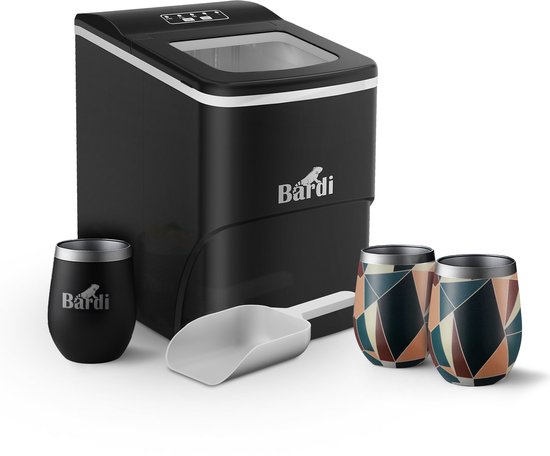 Bardi IJsblokjesmachine Set - 2 Liter Zwart - 12KG IJsblokjes in 24 uur - met IJsschep - Inclusief 3 Luxe Thermosbekers en Ijsschep - Abstract Colours van Bardi