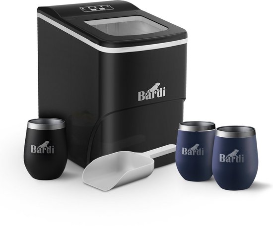 Bardi IJsblokjesmachine Set - 2 Liter Zwart - 12KG IJsblokjes in 24 uur - met IJsschep - Inclusief 3 Luxe Thermosbekers en Ijsschep - Blauw van Bardi