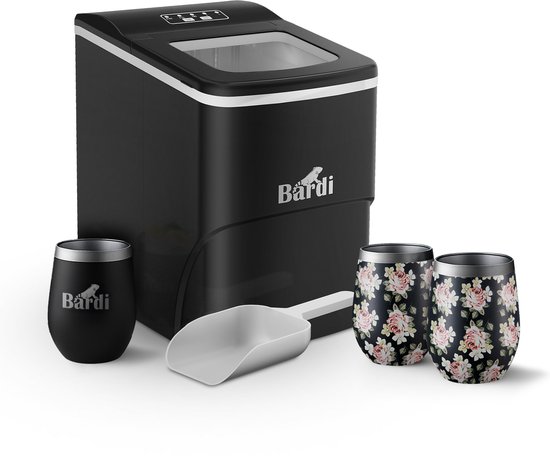 Bardi IJsblokjesmachine Set - 2 Liter Zwart - 12KG IJsblokjes in 24 uur - met IJsschep - Inclusief 3 Luxe Thermosbekers en Ijsschep -Bloemetjes van Bardi